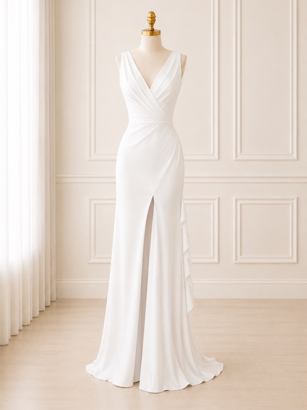 Mac Duggal White V-Neck Bridal Gown with Front Slit